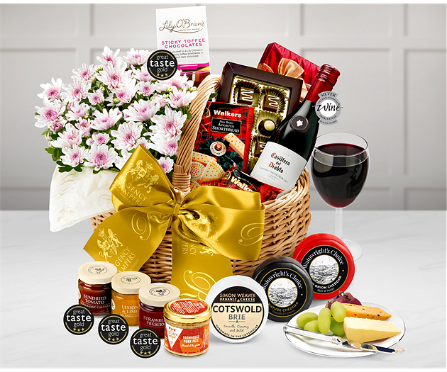 Austen Flower Gift Basket With Red Wine